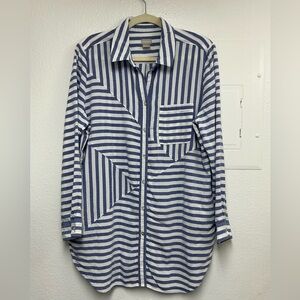 Chico's Women’s button up Tunic Blue and White Asymmetrical Striped Shirt